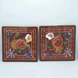 2 - CAPRIWARE Trivet Hand Painted Pansies Apple Grapes Fruit Pattern 6" Trivet